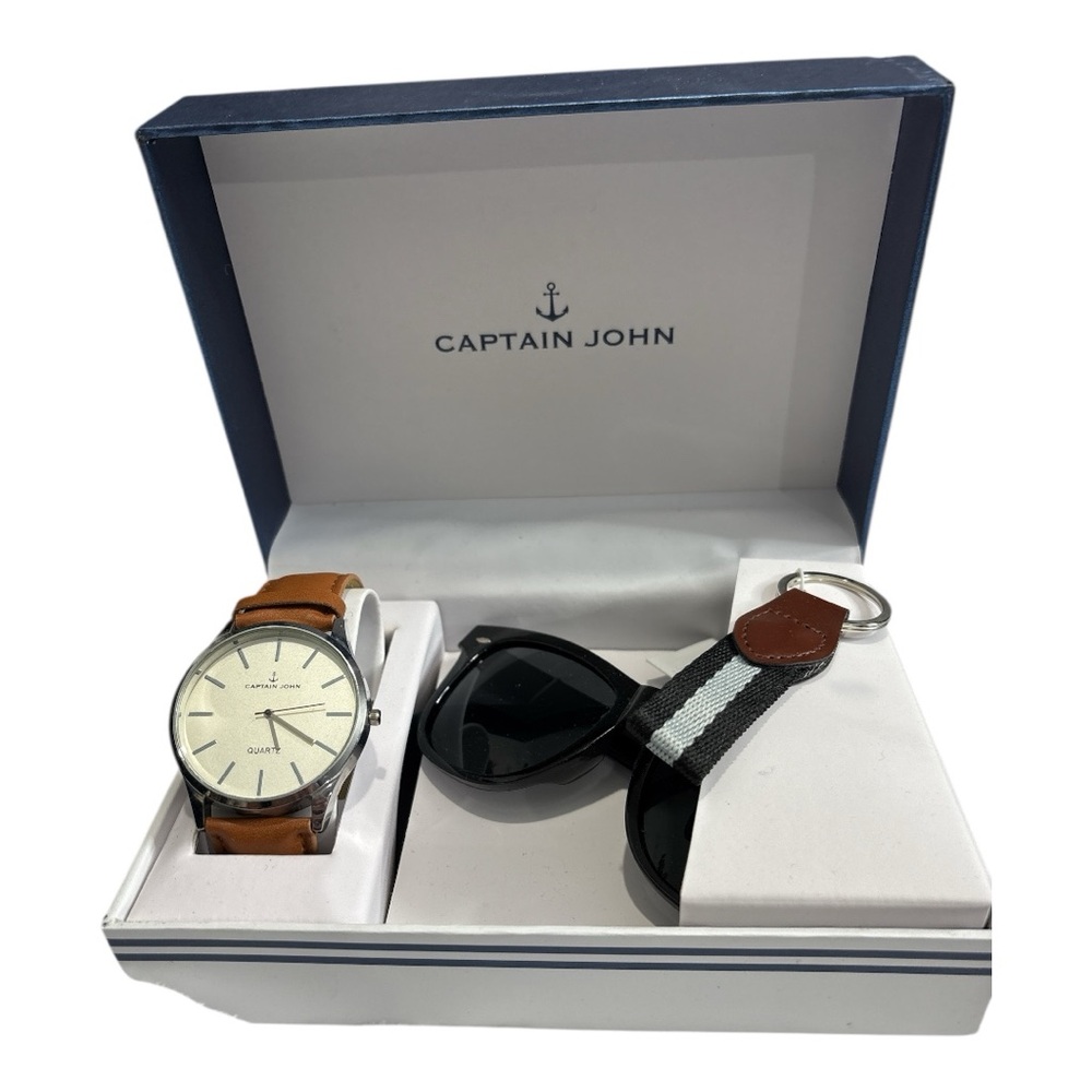 Captain John Men’s Watch, Sunglasses and Keychain Set Brown and Black NIB